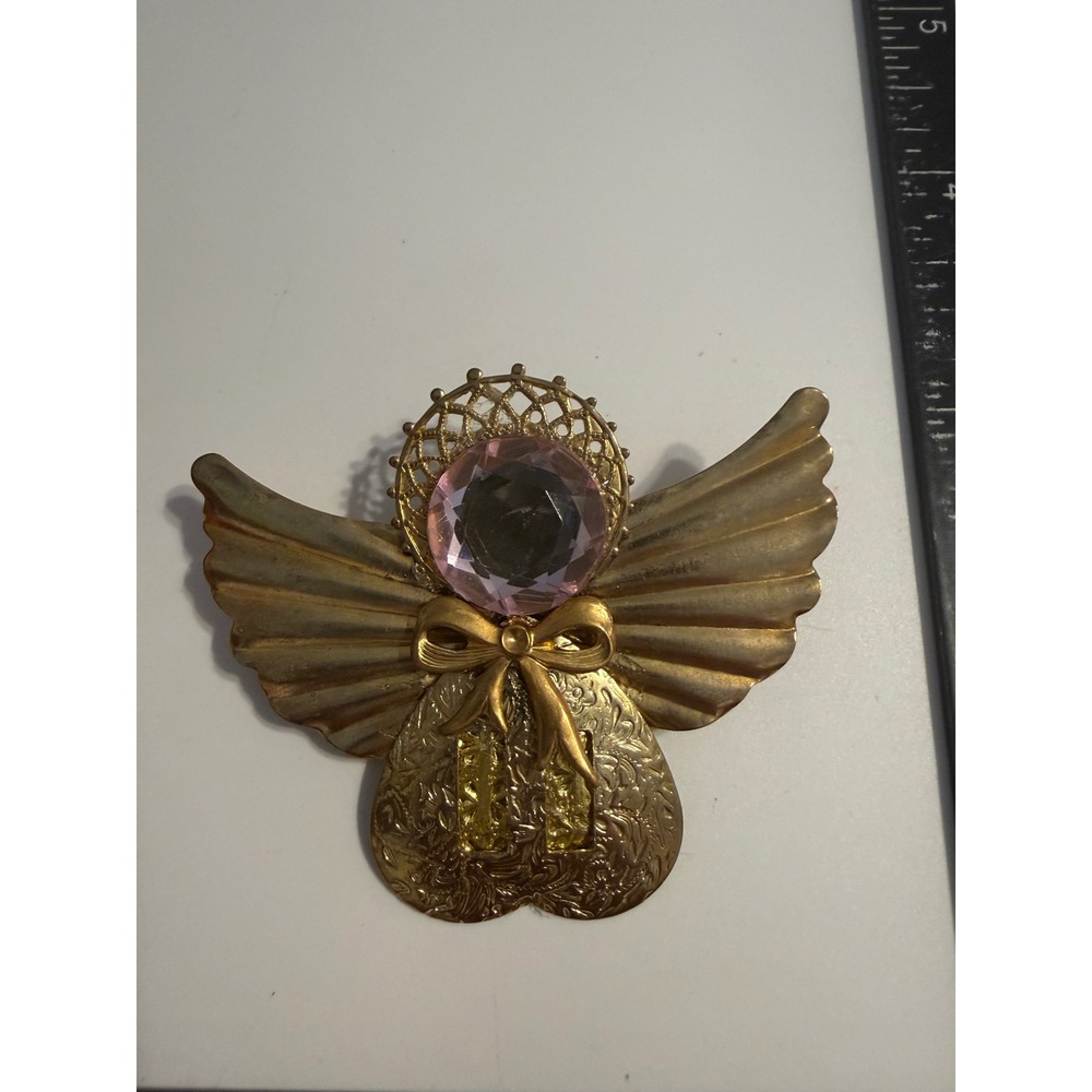 Vintage Gold Tone Angel Brooch Pink Rhinestone Filigree Wings Celestial Pin